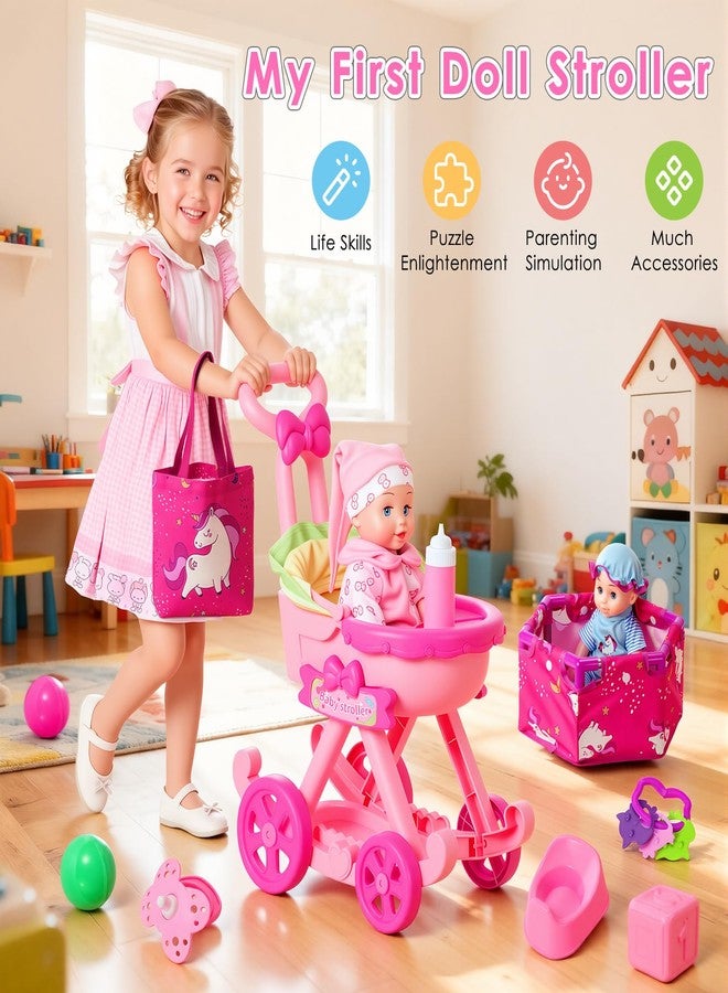 HUITEM Baby Doll Stroller Toys Set, 17 PCS Baby Doll Accessories Stroller Toys with Baby Dolls,2 Sets Doll Clothes, Playpen, Handbag, Feeding Nursery Pretend Play Gifts for Girls Toddlers 3 4 5 - Image 2